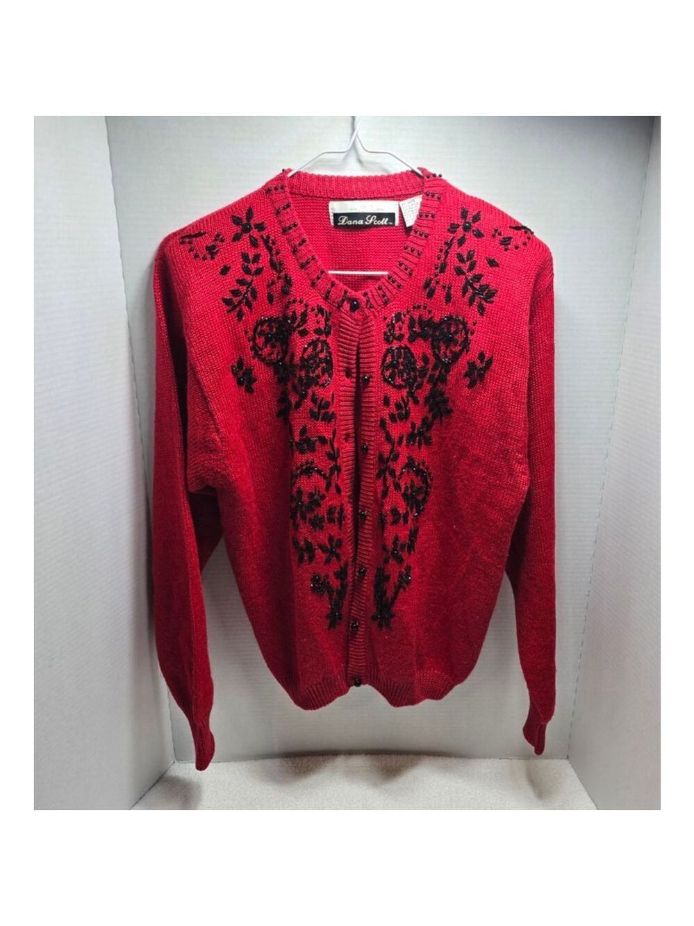Women's Dana Scott Red & Black Beaded Cardigan Sweater M